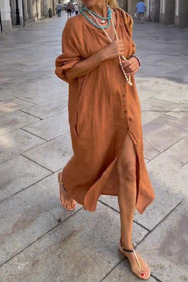 Cassy linen maxi dress with button-down front and side slit in a relaxed flowing fit