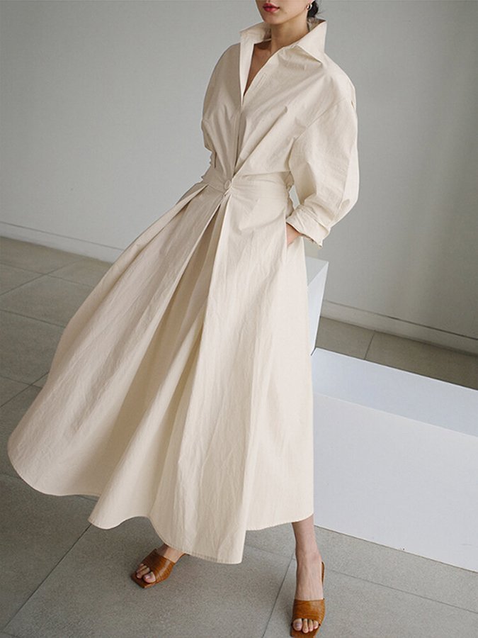 Luni bohemian maxi dress with retro lapel collar and elasticated waist in a solid colour