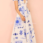 Avermy blue floral maxi dress with V-neckline and puff sleeves