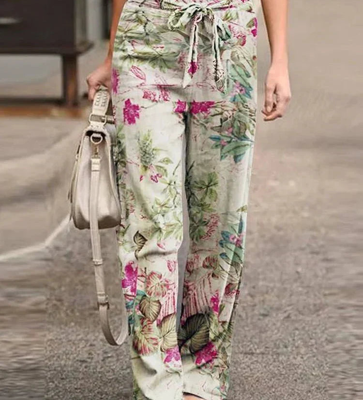 Dahlia floral print pants shown in a relaxed, everyday silhouette
