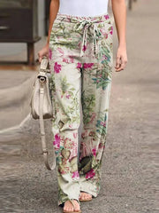 Dahlia floral print pants shown in a relaxed, everyday silhouette