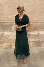 Mela elegant V-neck maxi dress with flowing skirt and drop-shoulder sleeves