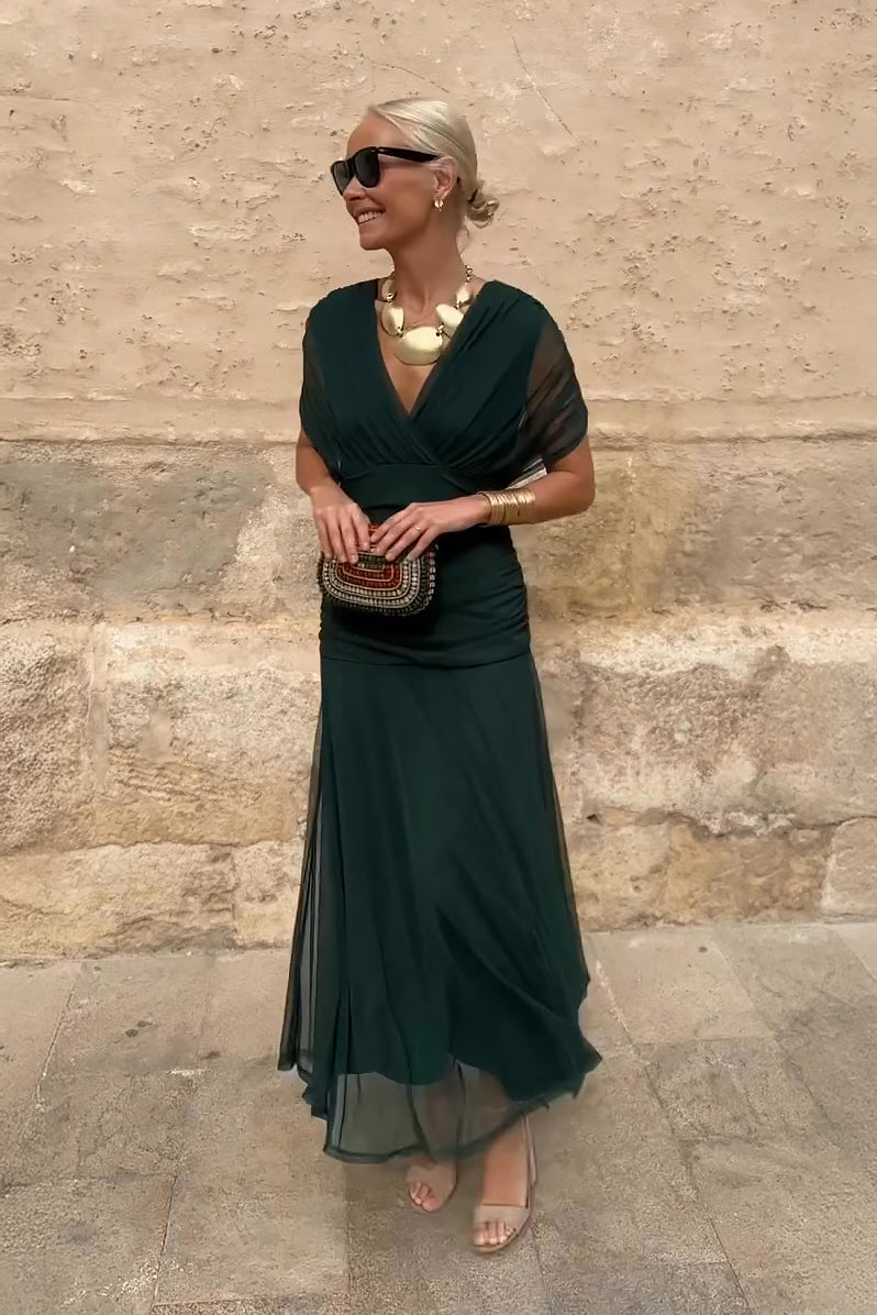 Mela elegant V-neck maxi dress with flowing skirt and drop-shoulder sleeves