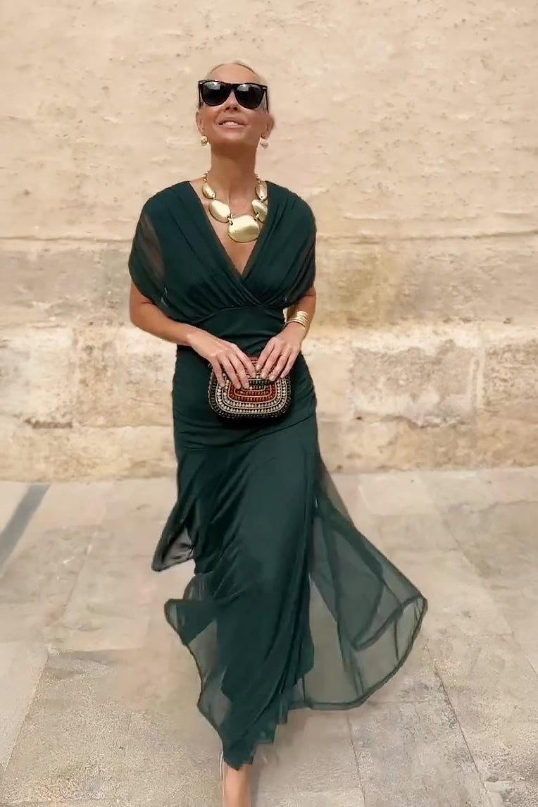 Mela elegant V-neck maxi dress with flowing skirt and drop-shoulder sleeves