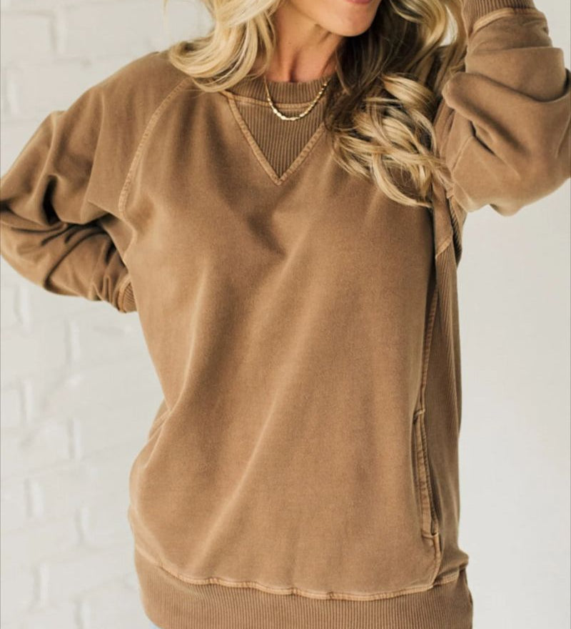 Flor ribbed pocket sweater with relaxed fit shown in a neutral tone