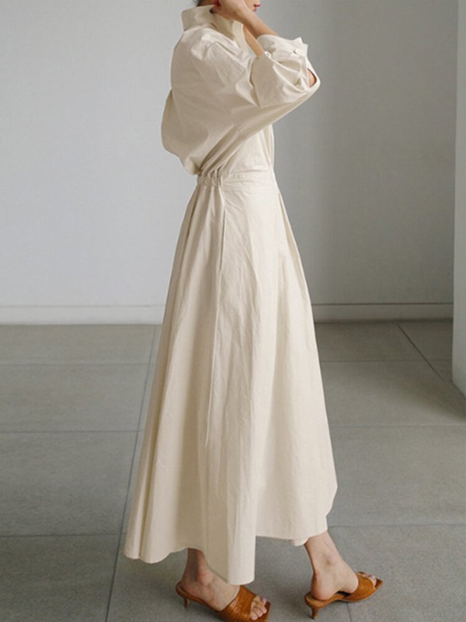 Luni bohemian maxi dress with retro lapel collar and elasticated waist in a solid colour