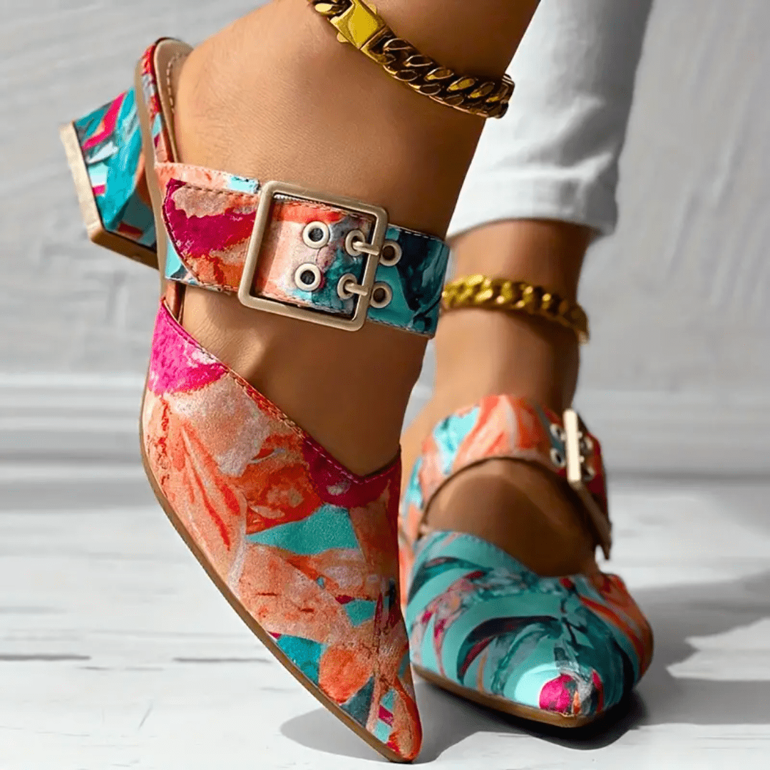 Bello bright rainbow heels in vivid orange, blue and yellow colour options