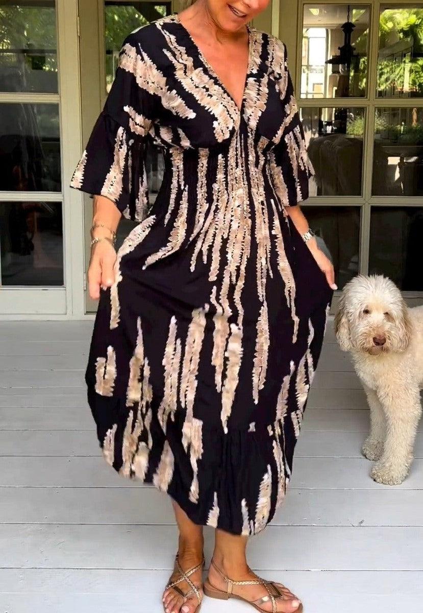 Macey black printed maxi dress with V-neckline and 3/4 sleeves