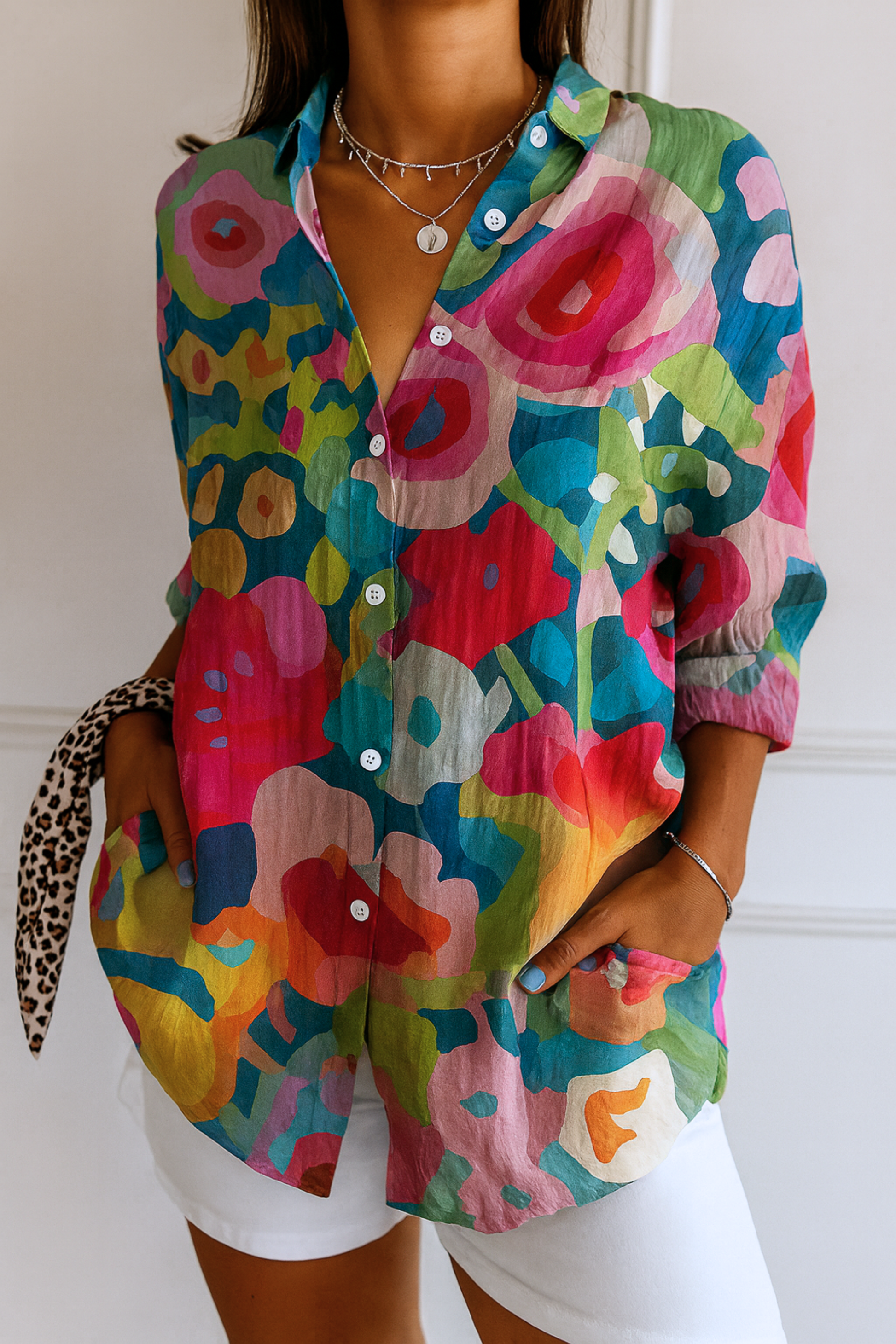 Astra colourful patterned blouse with a relaxed, flattering drape
