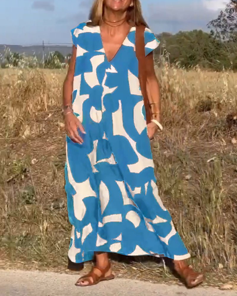 Amelia printed V-neck A-line dress in a flowing silhouette