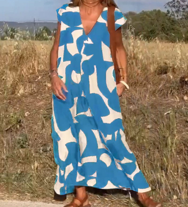 Amelia printed V-neck A-line dress in a flowing silhouette