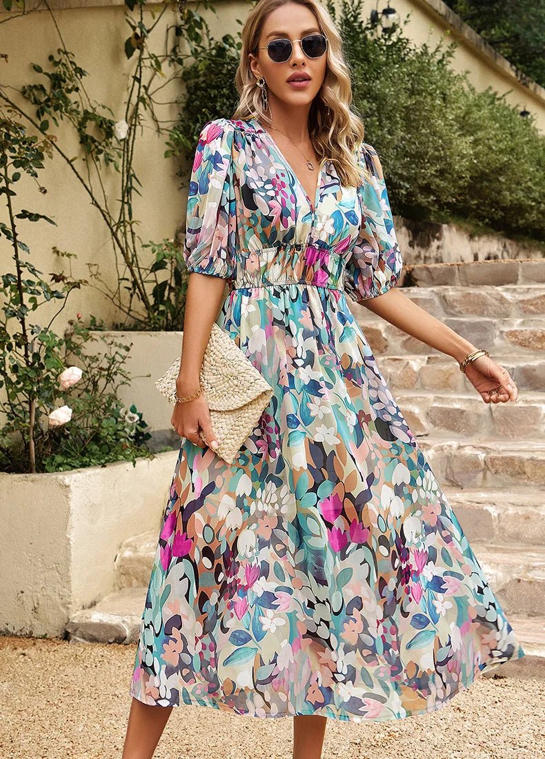 Allison floral midi dress with V-neckline, half sleeves and cinched waist