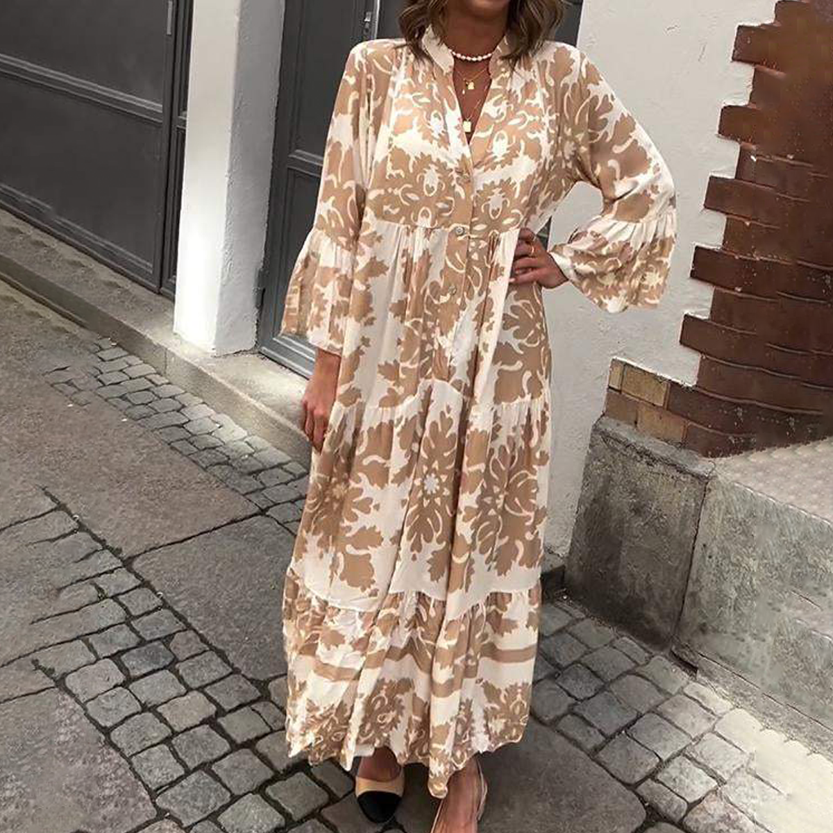 Bonnie elegant brown A-line maxi dress with V-neckline and three-quarter sleeves