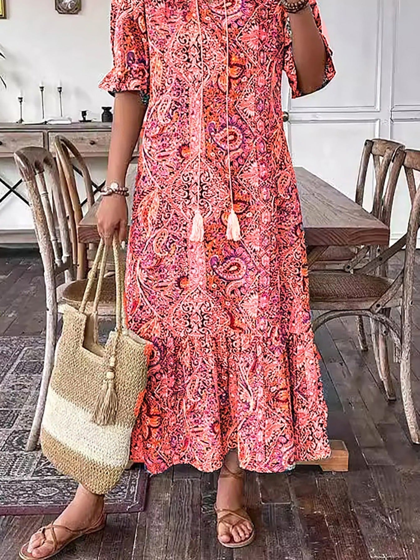 Gene Boho Grace Dress with stand collar and lace-up front, shown in a flowy summer silhouette