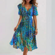 Sapphire blue short-sleeve midi dress with a flattering silhouette