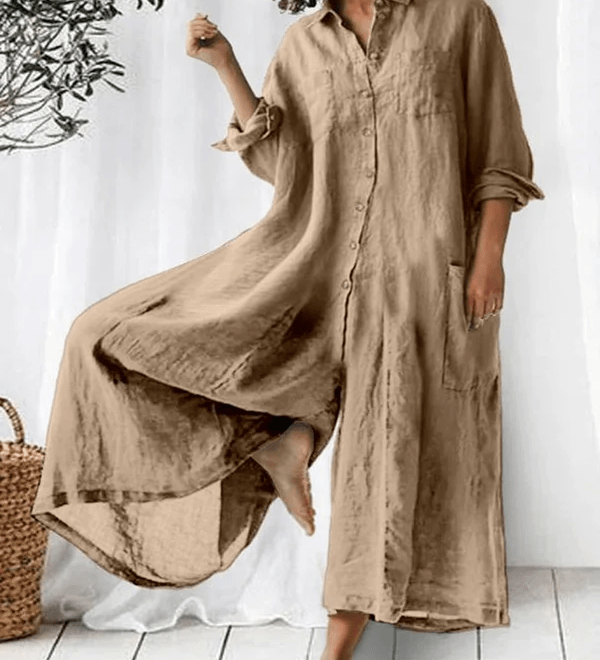 Bria luxe wide-leg linen jumpsuit with mid-waist fit shown in a relaxed silhouette