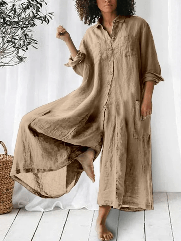 Bria luxe wide-leg linen jumpsuit with mid-waist fit shown in a relaxed silhouette