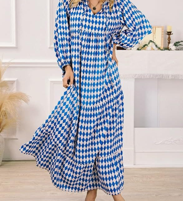 Vanessa boho puff maxi dress with V-neckline, puff sleeves and ruffled A-line hem