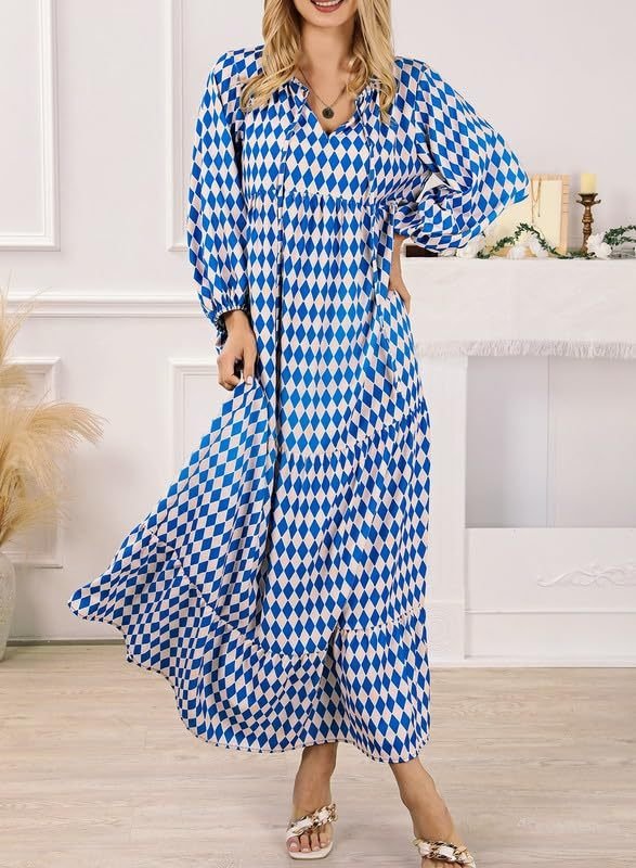 Vanessa boho puff maxi dress with V-neckline, puff sleeves and ruffled A-line hem