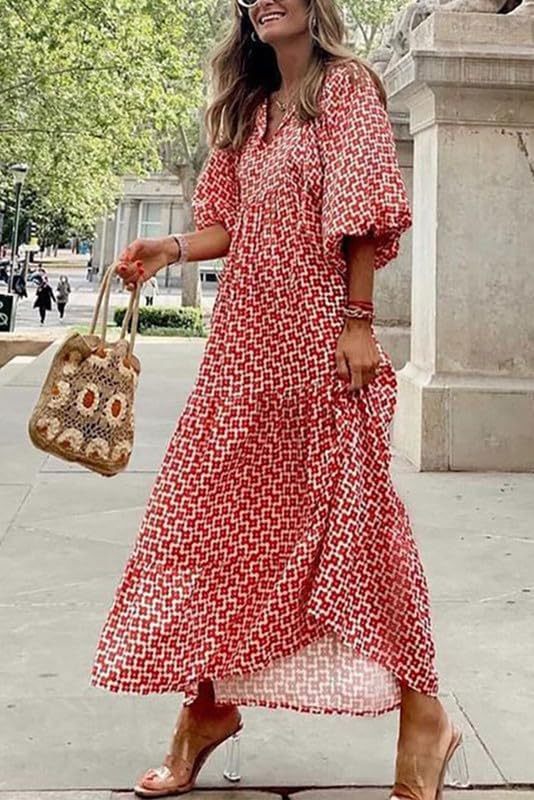 Vanessa boho puff maxi dress with V-neckline, puff sleeves and ruffled A-line hem