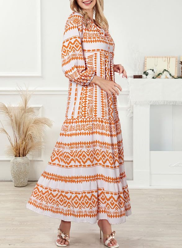 Vanessa boho puff maxi dress with V-neckline, puff sleeves and ruffled A-line hem