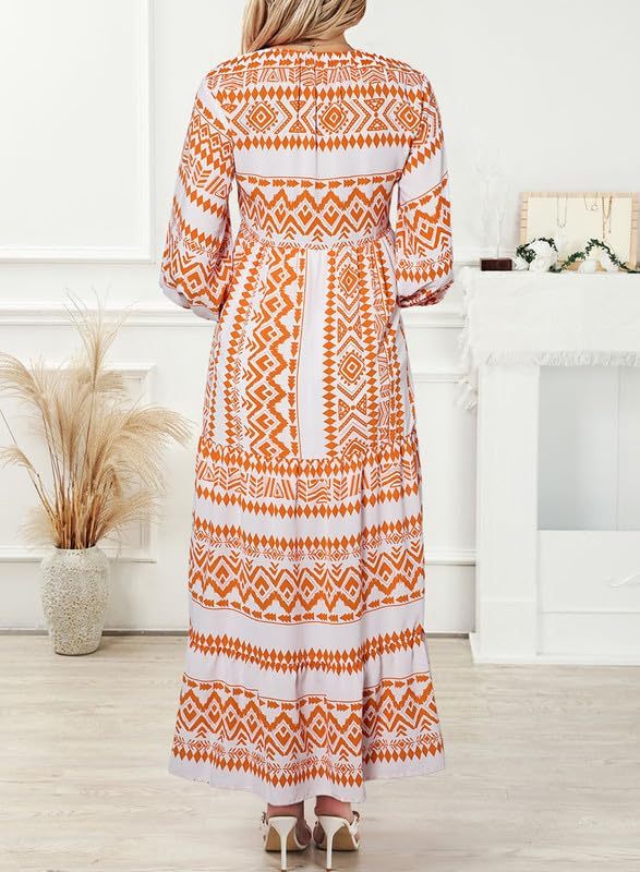 Vanessa boho puff maxi dress with V-neckline, puff sleeves and ruffled A-line hem