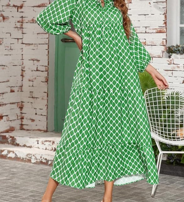 Vanessa boho puff maxi dress with V-neckline, puff sleeves and ruffled A-line hem