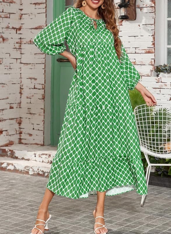 Vanessa boho puff maxi dress with V-neckline, puff sleeves and ruffled A-line hem