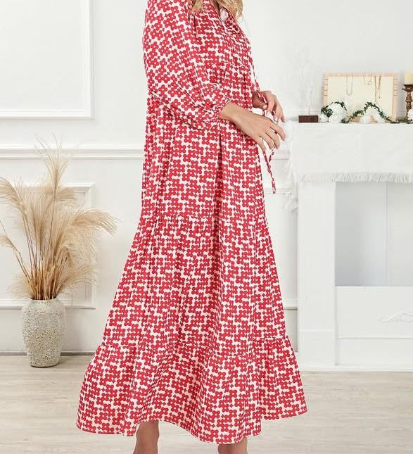 Vanessa boho puff maxi dress with V-neckline, puff sleeves and ruffled A-line hem