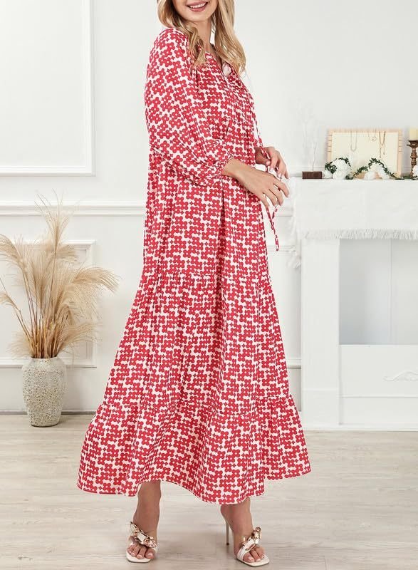 Vanessa boho puff maxi dress with V-neckline, puff sleeves and ruffled A-line hem