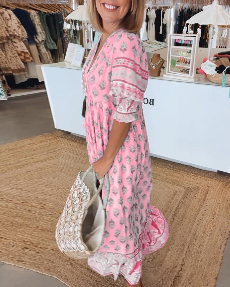 Mana floral v-neck dress shown in blue, green and pink