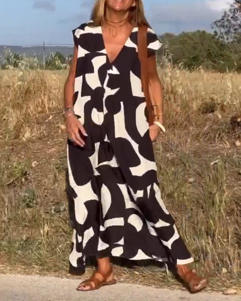 Amelia printed V-neck A-line dress in a flowing silhouette