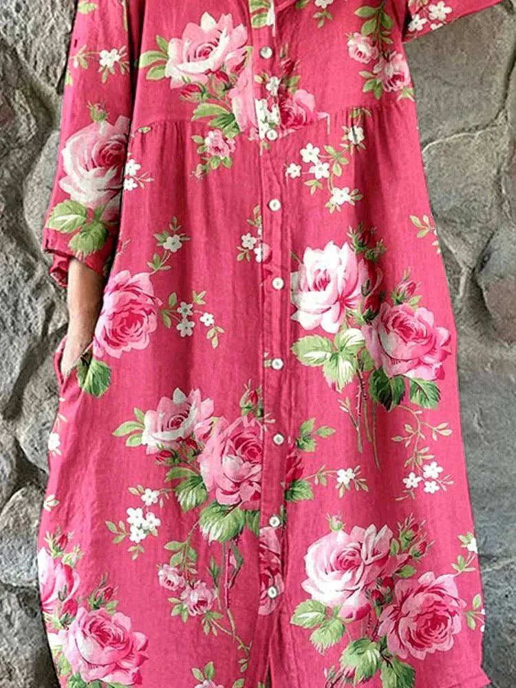Maddie pink rose floral V-neck shirt dress with three-quarter sleeves