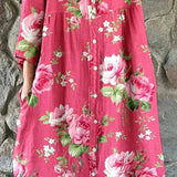 Maddie pink rose floral V-neck shirt dress with three-quarter sleeves