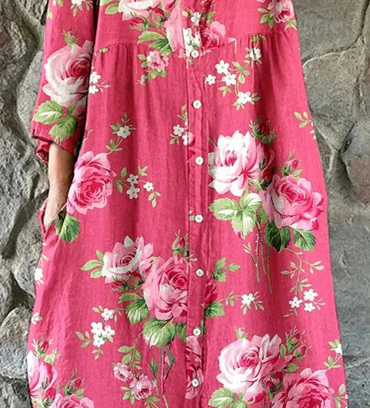 Maddie pink rose floral V-neck shirt dress with three-quarter sleeves