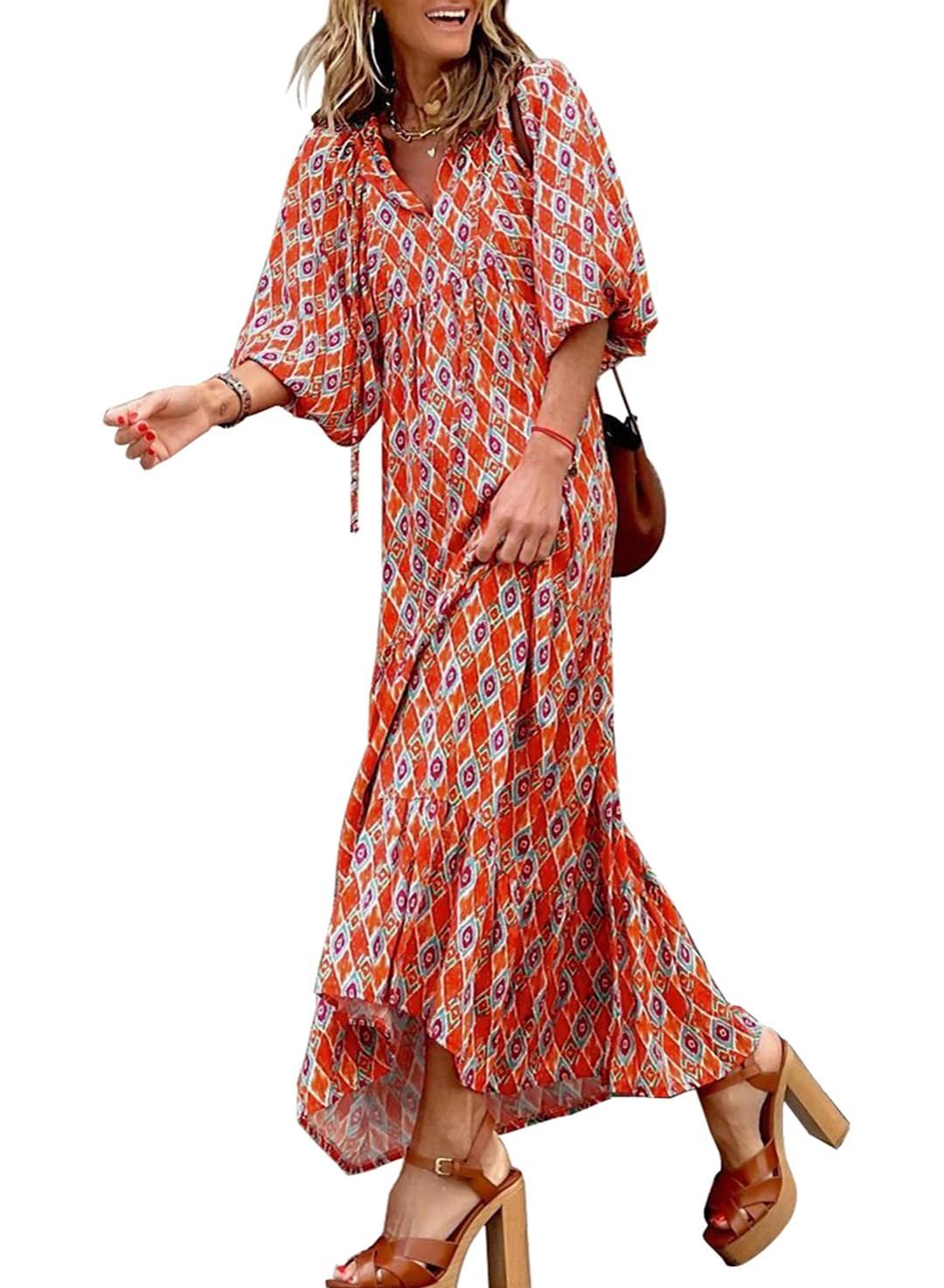 Vanessa boho puff maxi dress with V-neckline, puff sleeves and ruffled A-line hem