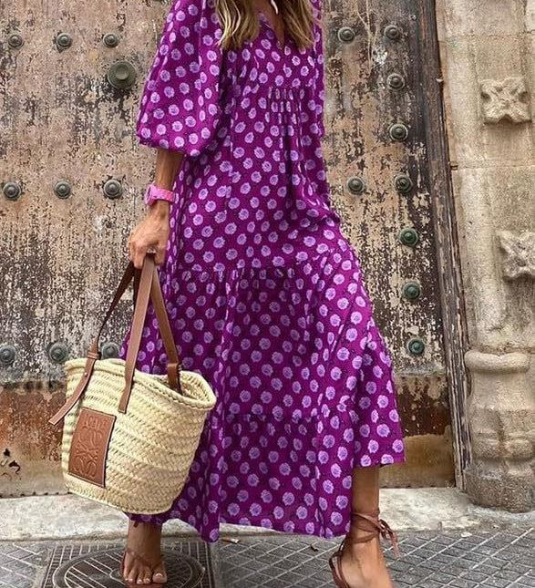 Vanessa boho puff maxi dress with V-neckline, puff sleeves and ruffled A-line hem