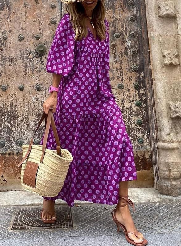 Vanessa boho puff maxi dress with V-neckline, puff sleeves and ruffled A-line hem