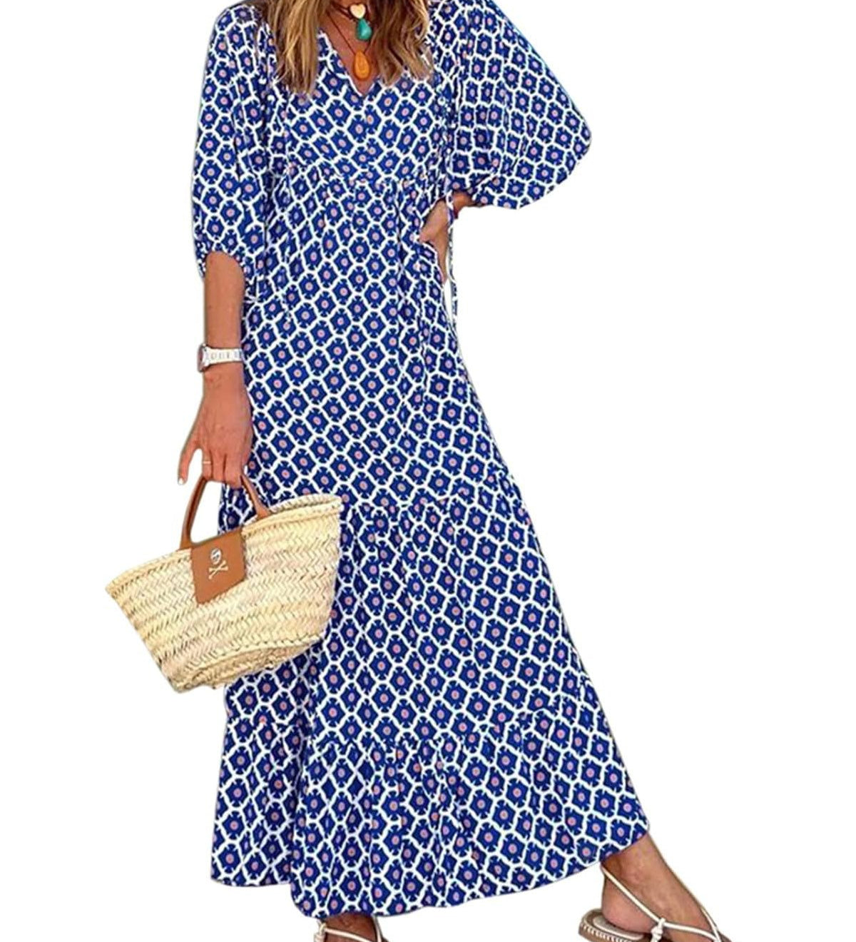 Vanessa boho puff maxi dress with V-neckline, puff sleeves and ruffled A-line hem