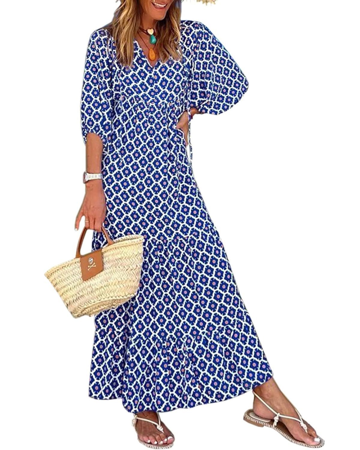 Vanessa boho puff maxi dress with V-neckline, puff sleeves and ruffled A-line hem