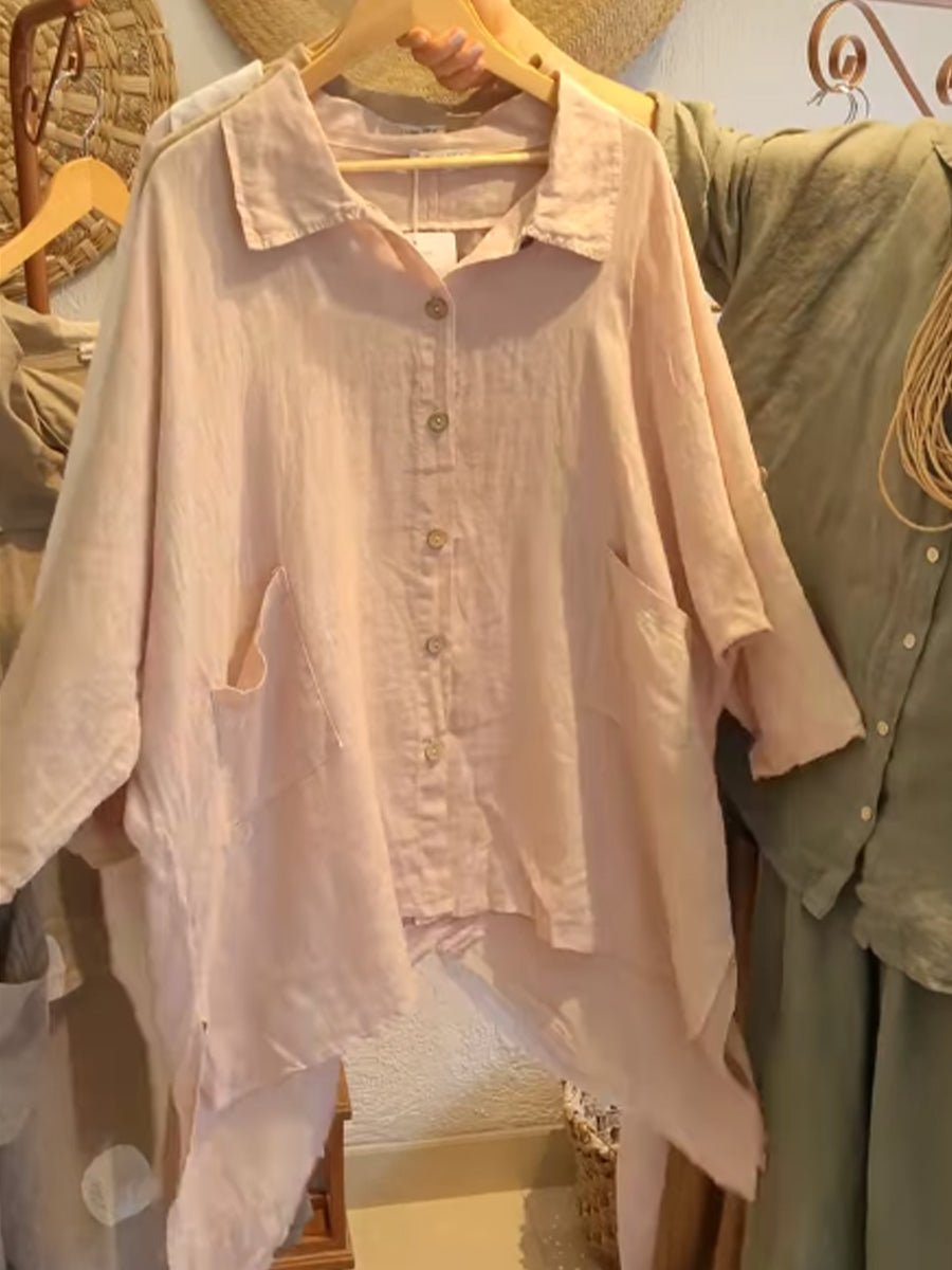 Lineth casual buttoned linen-cotton blouse with shirt collar and 3/4 sleeves