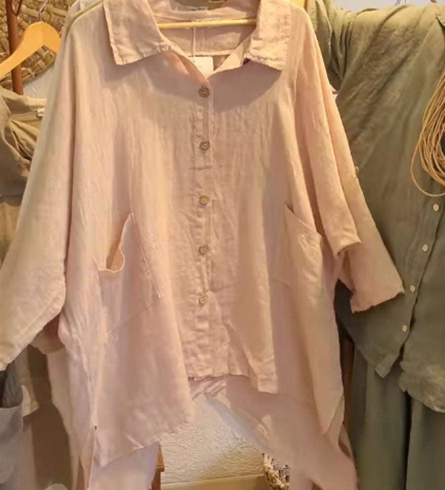 Lineth casual buttoned linen-cotton blouse with shirt collar and 3/4 sleeves