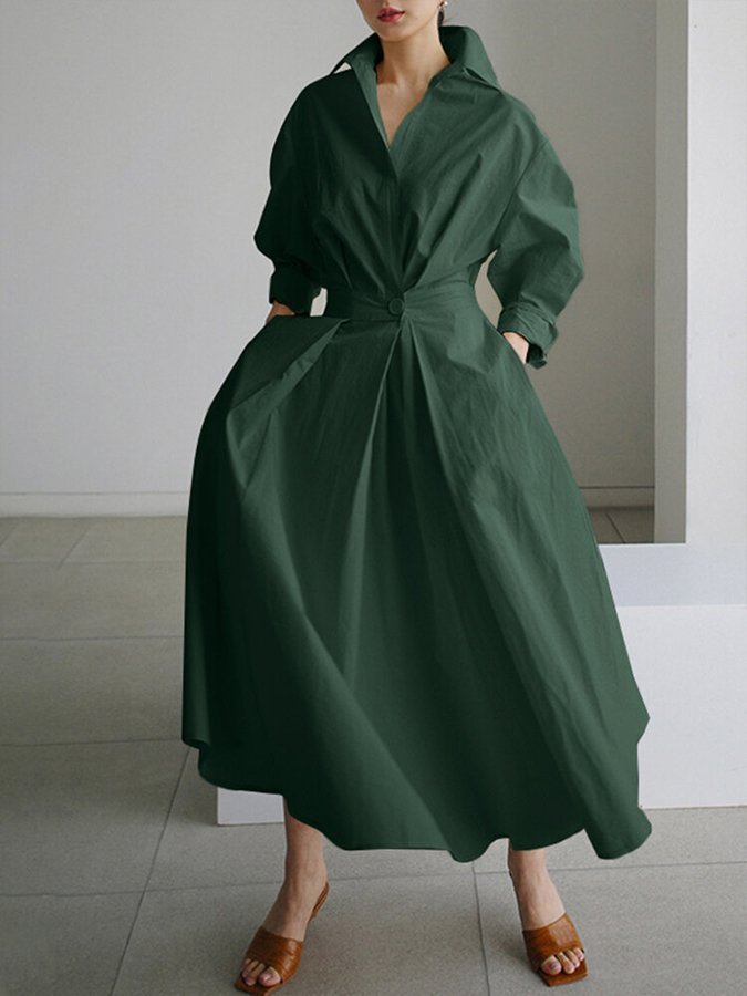 Luni bohemian maxi dress with retro lapel collar and elasticated waist in a solid colour