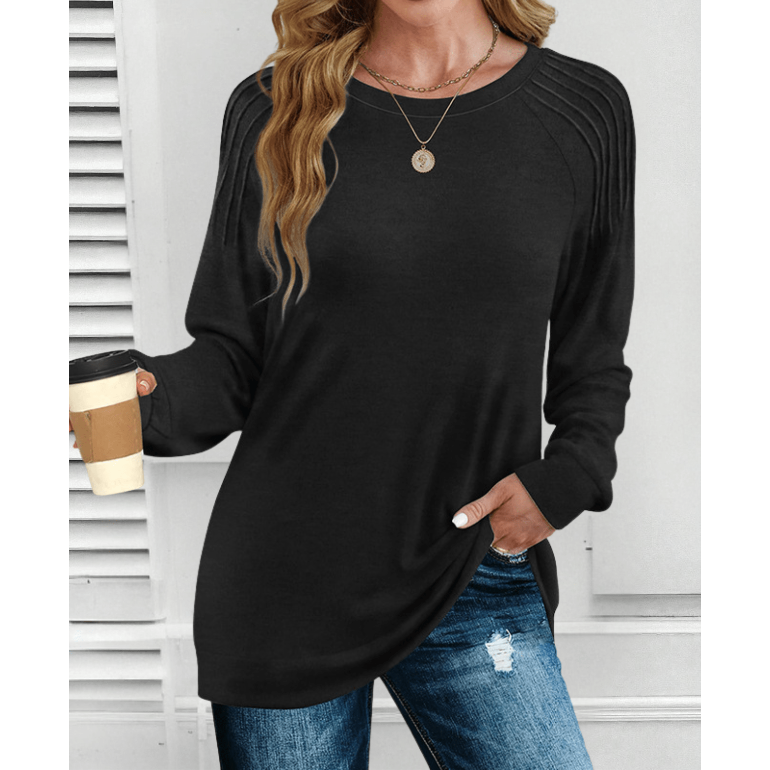 Anika ribbed shoulder long-sleeve top with a relaxed tunic fit