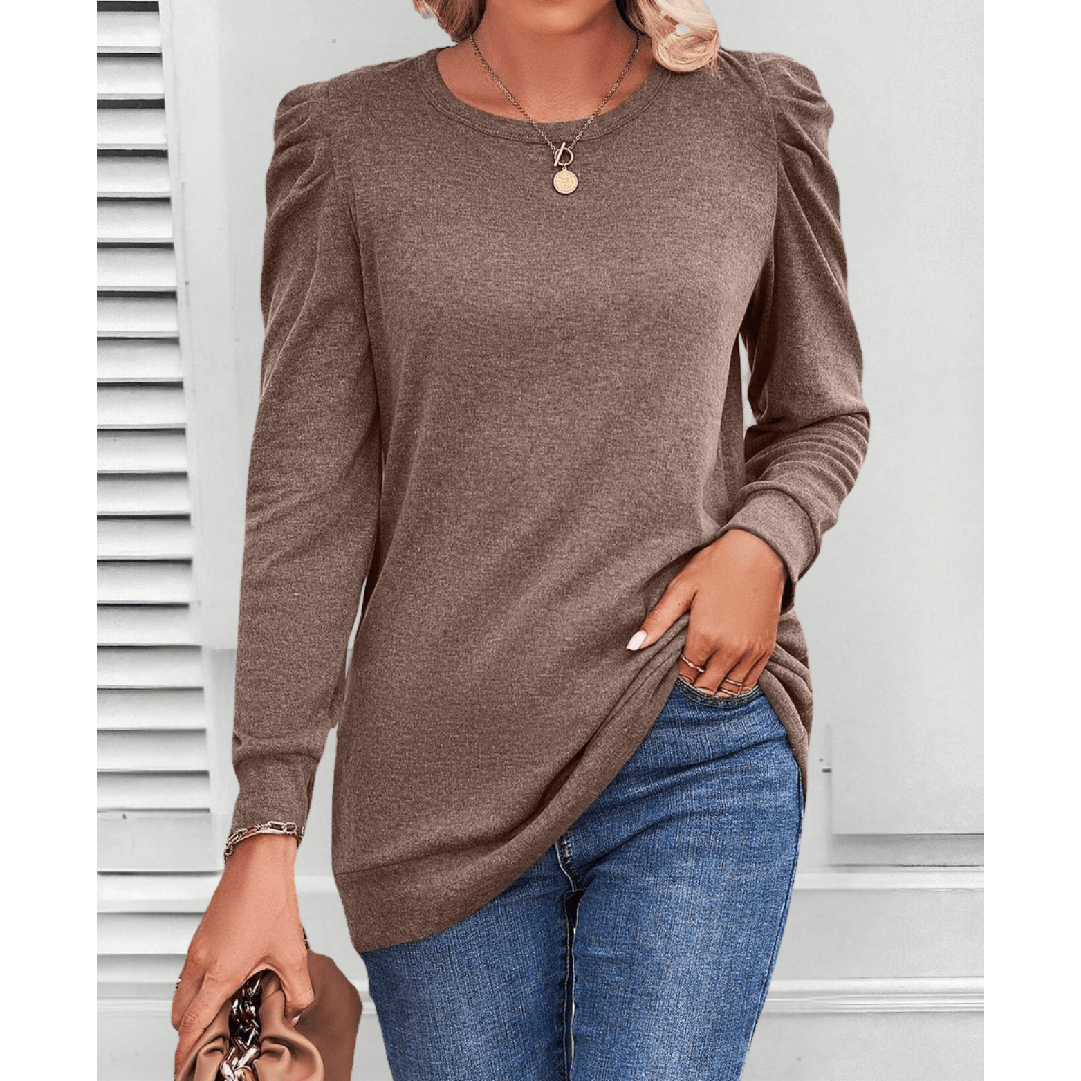 Mae puff-shoulder tunic top in a soft stretchy knit with flattering tunic length