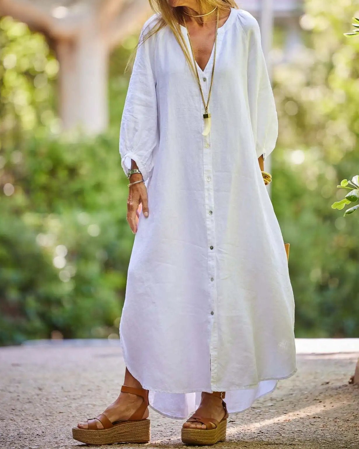 Elaina relaxed maxi dress with buttons and flowing skirt, shown in white