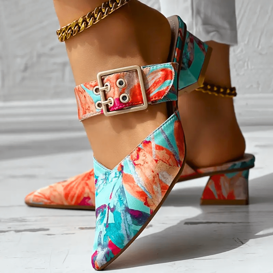 Bello bright rainbow heels in vivid orange, blue and yellow colour options