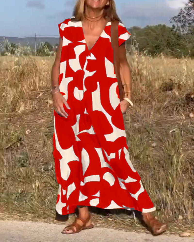 Amelia printed V-neck A-line dress in a flowing silhouette