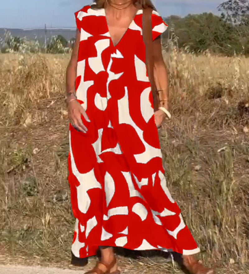 Amelia printed V-neck A-line dress in a flowing silhouette