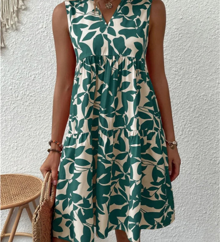 Tasha blooming floral flowy A-line summer dress in green, blue, orange and black